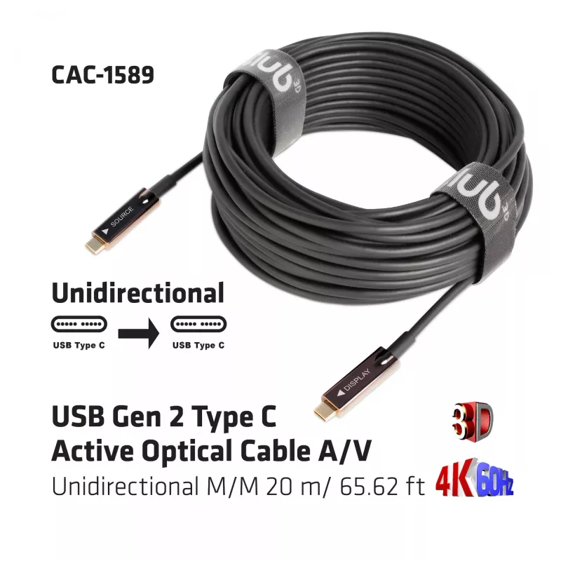CLUB3D USB Gen 2 Type C aktyvus optinis kabelis A/V vienakryptis M/M 20 m