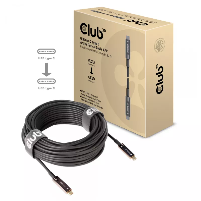CLUB3D USB Gen 2 Type C aktyvus optinis kabelis A/V vienakryptis M/M 20 m
