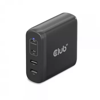 CLUB3D kelioninis įkroviklis 100W GaN technologija, keturi USB prievadai (2x Type-A ir 2x Type-C), Power Delivery (PD) 3.0 palaikymas