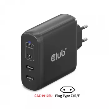CLUB3D kelioninis įkroviklis 100W GaN technologija, keturi USB prievadai (2x Type-A ir 2x Type-C), Power Delivery (PD) 3.0 palaikymas