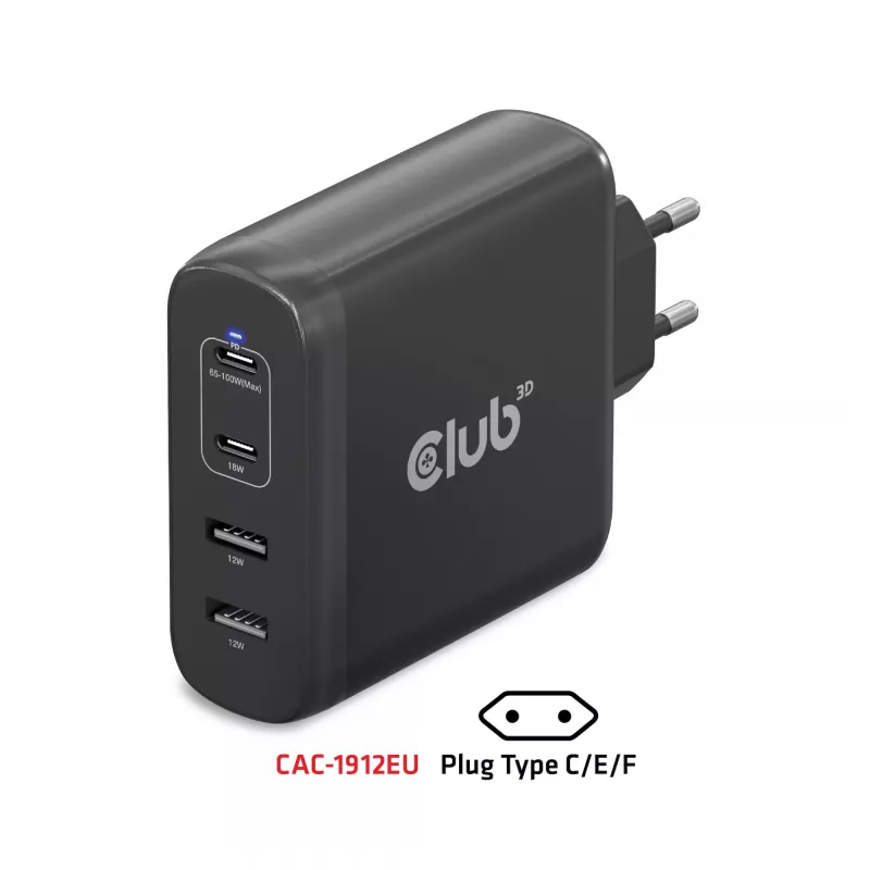 CLUB3D kelioninis įkroviklis 100W GaN technologija, keturi USB prievadai (2x Type-A ir 2x Type-C), Power Delivery (PD) 3.0 palaikymas