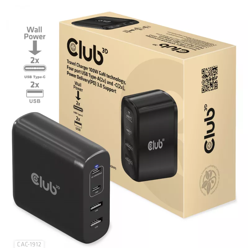 CLUB3D kelioninis įkroviklis 100W GaN technologija, keturi USB prievadai (2x Type-A ir 2x Type-C), Power Delivery (PD) 3.0 palaikymas