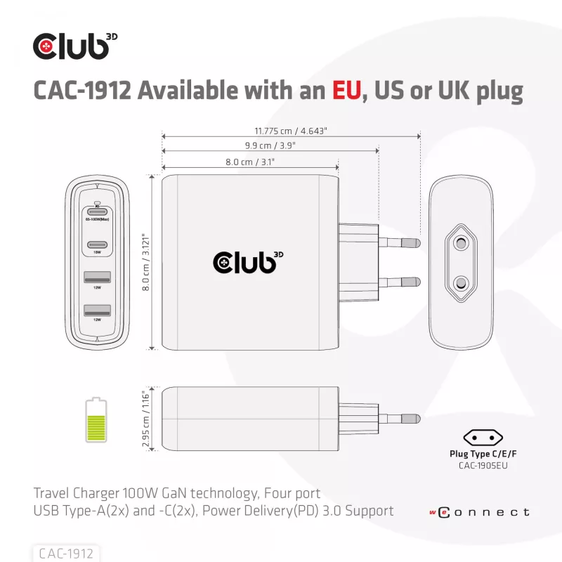 CLUB3D kelioninis įkroviklis 100W GaN technologija, keturi USB prievadai (2x Type-A ir 2x Type-C), Power Delivery (PD) 3.0 palaikymas