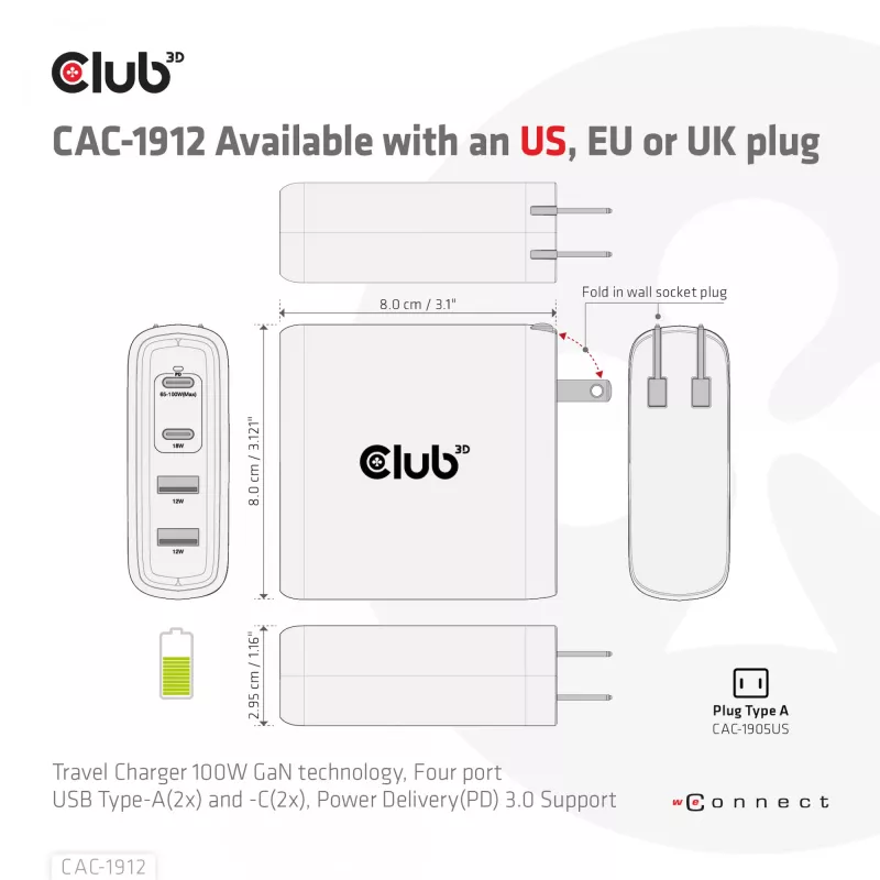 CLUB3D kelioninis įkroviklis 100W GaN technologija, keturi USB prievadai (2x Type-A ir 2x Type-C), Power Delivery (PD) 3.0 palaikymas