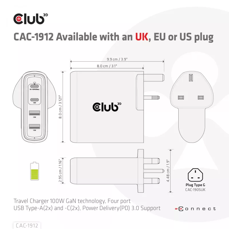 CLUB3D kelioninis įkroviklis 100W GaN technologija, keturi USB prievadai (2x Type-A ir 2x Type-C), Power Delivery (PD) 3.0 palaikymas