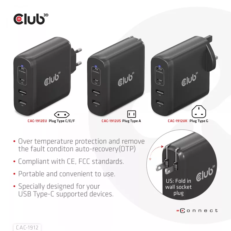 CLUB3D kelioninis įkroviklis 100W GaN technologija, keturi USB prievadai (2x Type-A ir 2x Type-C), Power Delivery (PD) 3.0 palaikymas