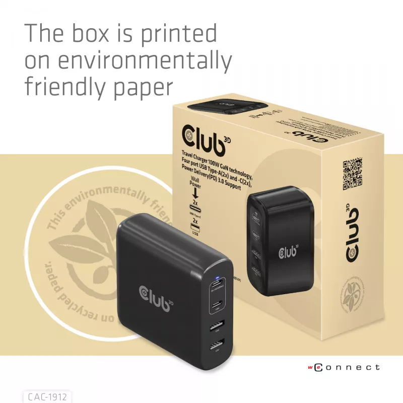 CLUB3D kelioninis įkroviklis 100W GaN technologija, keturi USB prievadai (2x Type-A ir 2x Type-C), Power Delivery (PD) 3.0 palaikymas