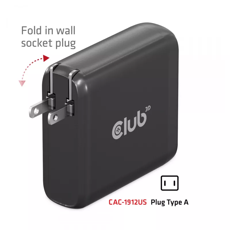 CLUB3D kelioninis įkroviklis 100W GaN technologija, keturi USB prievadai (2x Type-A ir 2x Type-C), Power Delivery (PD) 3.0 palaikymas