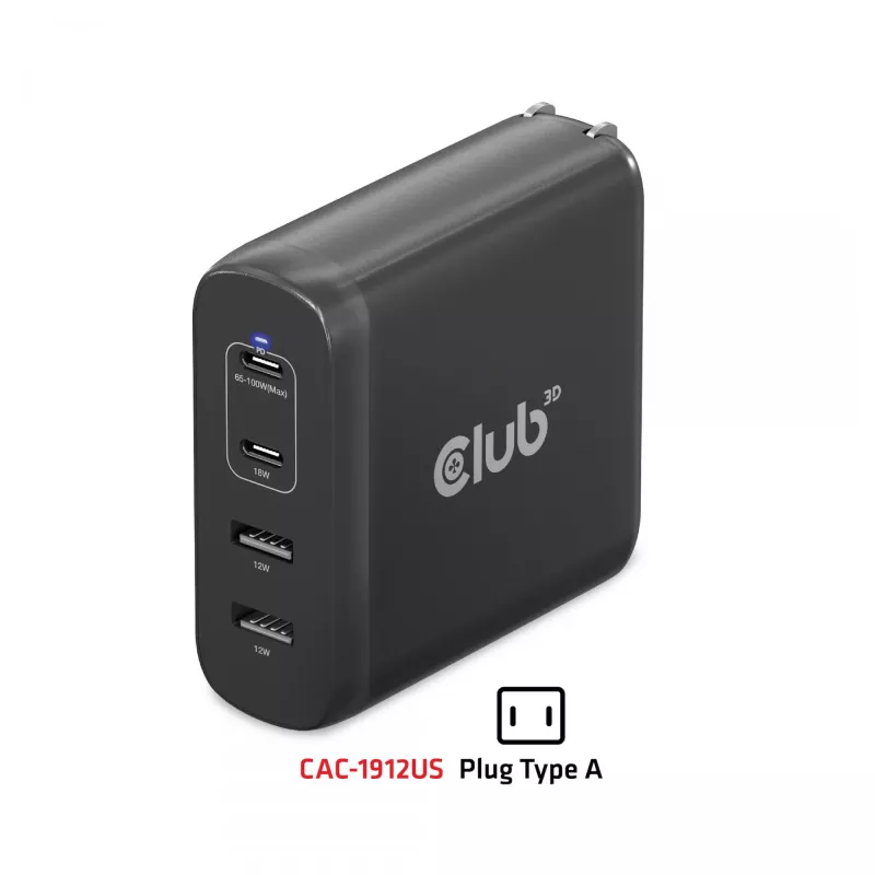 CLUB3D kelioninis įkroviklis 100W GaN technologija, keturi USB prievadai (2x Type-A ir 2x Type-C), Power Delivery (PD) 3.0 palaikymas