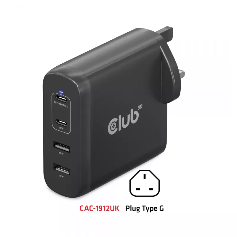CLUB3D kelioninis įkroviklis 100W GaN technologija, keturi USB prievadai (2x Type-A ir 2x Type-C), Power Delivery (PD) 3.0 palaikymas
