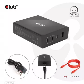 CLUB3D CAC-1906 kelioninis įkroviklis 132W GaN technologija, 3× USB-C, 1× USB-A, Power Delivery 3.0