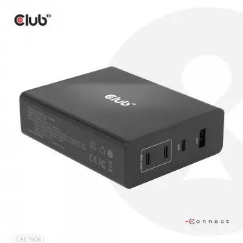 CLUB3D CAC-1906 kelioninis įkroviklis 132W GaN technologija, 3× USB-C, 1× USB-A, Power Delivery 3.0
