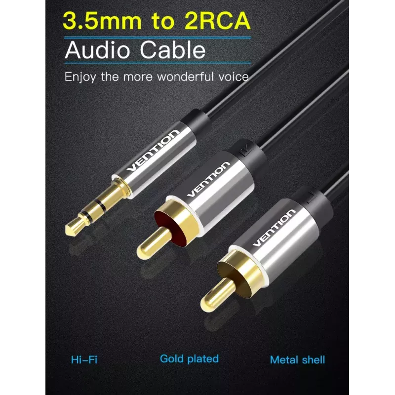 Garso kabelis Vention 3,5 mm TRRS (kištukas) – 2×RCA (kištukas), 2 m, juodas