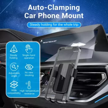 Automobilio ventiliacijos grotelių laikiklis telefonui Vention KCTB0 – automatinis užspaudžiamas laikiklis 4,7–7,2 colio telefonams, juodas, ABS/TPU, 117,6×73×84,3 mm