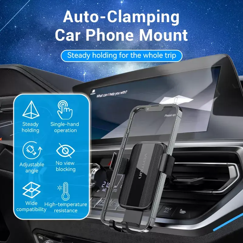 Automobilio ventiliacijos grotelių laikiklis telefonui Vention KCTB0 – automatinis užspaudžiamas laikiklis 4,7–7,2 colio telefonams, juodas, ABS/TPU, 117,6×73×84,3 mm