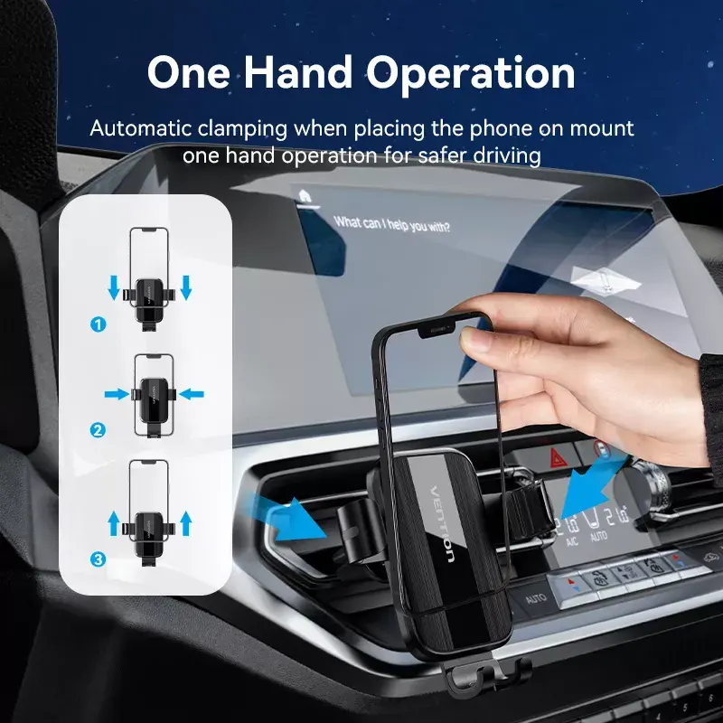Automobilio ventiliacijos grotelių laikiklis telefonui Vention KCTB0 – automatinis užspaudžiamas laikiklis 4,7–7,2 colio telefonams, juodas, ABS/TPU, 117,6×73×84,3 mm