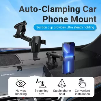 Automobilinis telefono laikiklis Vention KCOB0 – automatinis užspaudimas, siurbtukas, juodas, 73 mm plotis, 117,6 mm aukštis