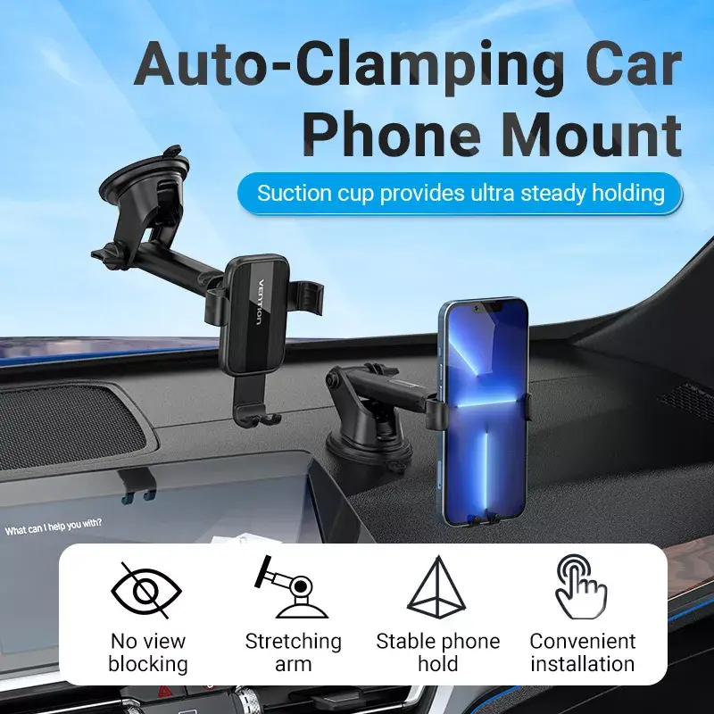Automobilinis telefono laikiklis Vention KCOB0 – automatinis užspaudimas, siurbtukas, juodas, 73 mm plotis, 117,6 mm aukštis