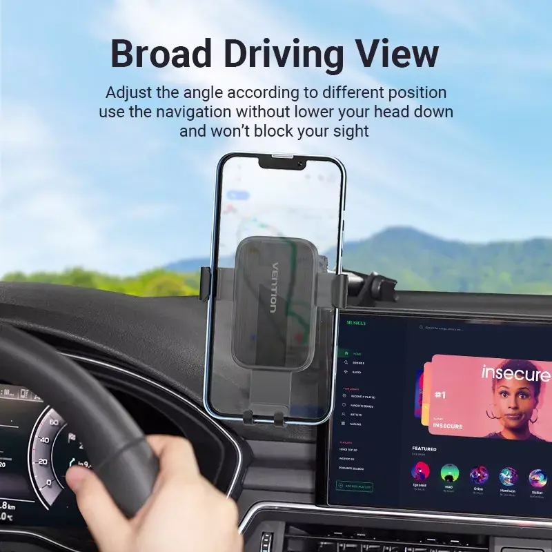 Automobilinis telefono laikiklis Vention KCOB0 – automatinis užspaudimas, siurbtukas, juodas, 73 mm plotis, 117,6 mm aukštis