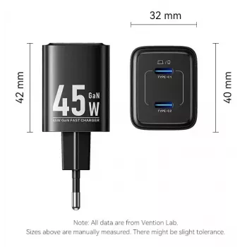 Vention FEFW0-EU AC vidinis greitasis įkroviklis 45W, 2x USB-C, suderinamas su išmaniuoju telefonu, nešiojamuoju kompiuteriu, planšete, išmaniuoju laikrodžiu, ausinėmis, baltas