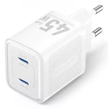 Vention FEFW0-EU AC vidinis greitasis įkroviklis 45W, 2x USB-C, suderinamas su išmaniuoju telefonu, nešiojamuoju kompiuteriu, planšete, išmaniuoju laikrodžiu, ausinėmis, baltas