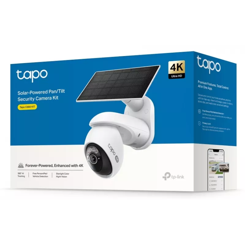 IP stebėjimo kamera TP-Link Tapo C660 KIT — 8 MP 3840×2160, 4 mm objektyvas, 20 kadrų/s, Wi‑Fi ir Ethernet, lauko IP65, IR naktinis matymas 12 m