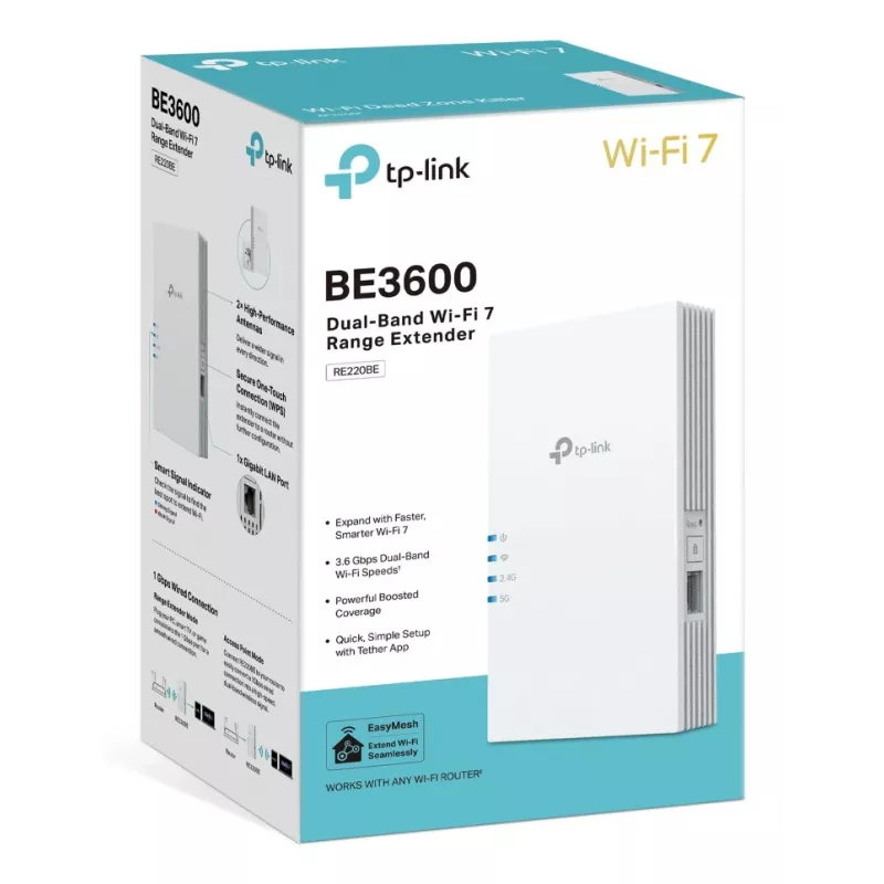 Bevielis ryšio stiprintuvas TP-Link RE220BE – dviejų juostų 2,4/5 GHz, 802.11be, 2 išorinės antenos, 100–240 V įėjimas