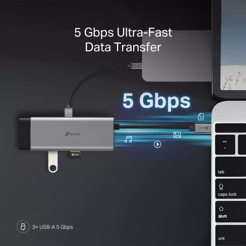 USB Type-C 7-in-1 stotelė TP-Link UH7021C — HDMI, USB 3.2 Gen1, USB 2.0, SD/microSD, 5000 Mbit/s, aliuminis juoda