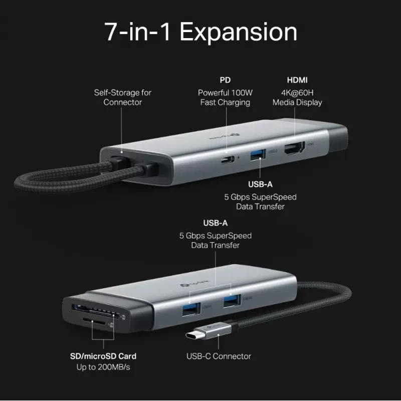 USB Type-C 7-in-1 stotelė TP-Link UH7021C — HDMI, USB 3.2 Gen1, USB 2.0, SD/microSD, 5000 Mbit/s, aliuminis juoda