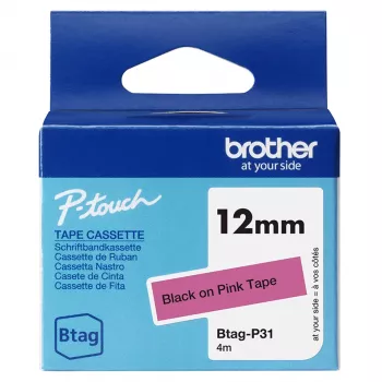 Juostelė etikečių spausdinimui Brother BTAG-P31 juoda ant rožinės 1,2 cm 4 m