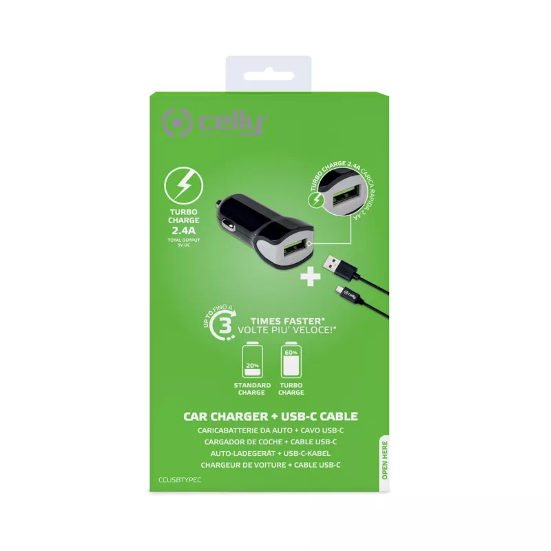 Celly CCUSBTYPEC automobilinis įkroviklis su USB Type-C laidu, juodas