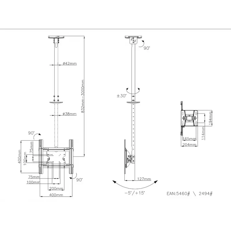 Multibrackets M Public Ceilingmount Medium Single lubų laikiklis, 81,3–116,8 cm (32–46 colių), maks. 70 kg, VESA nuo 100x100 iki 400x400, pasvirimas nuo -5 iki +15°, juodas