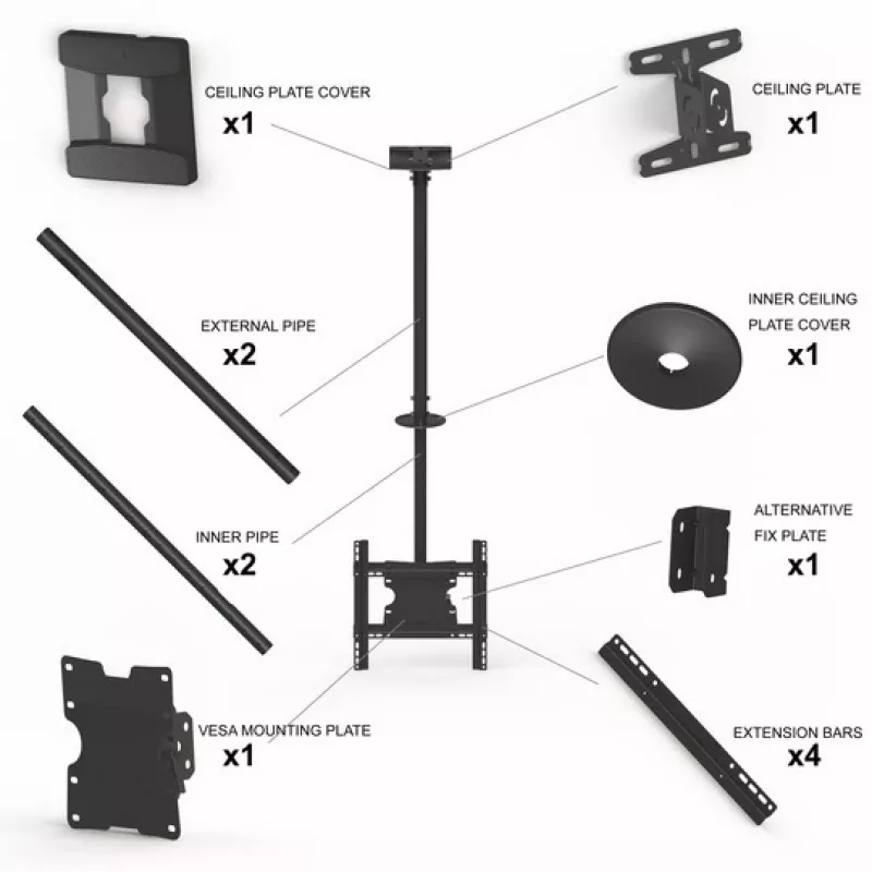 Multibrackets M Public Ceilingmount Medium Single lubų laikiklis, 81,3–116,8 cm (32–46 colių), maks. 70 kg, VESA nuo 100x100 iki 400x400, pasvirimas nuo -5 iki +15°, juodas