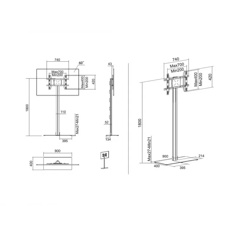 Grindinis stovas ekranui Multibrackets M 180 Single Black su pagrindo plokšte