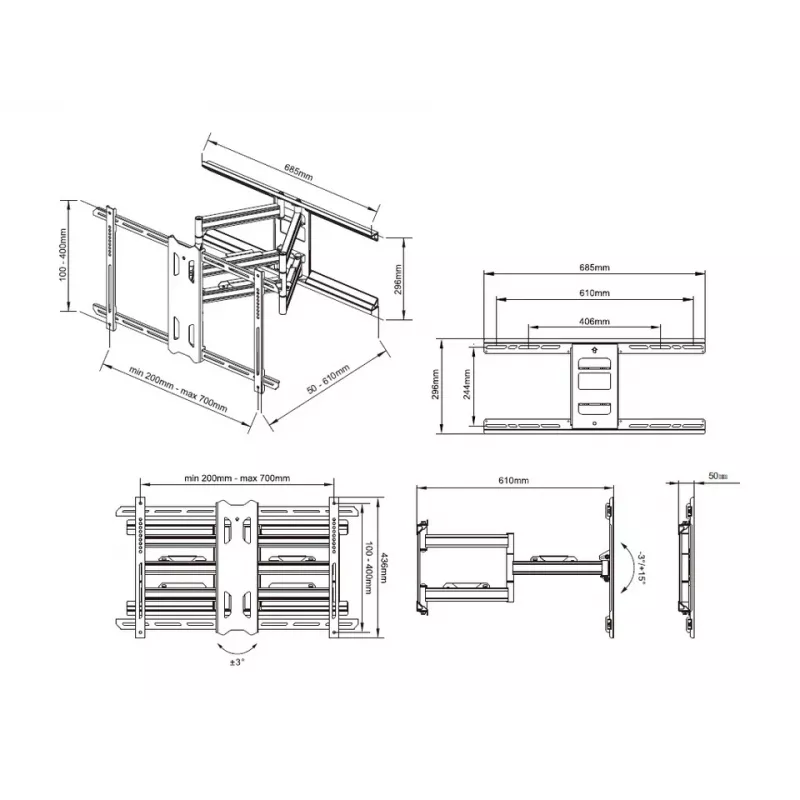 Laikiklis sieninis Multibrackets M Universal Flexarm Pro 60 kg Heavy Duty Black