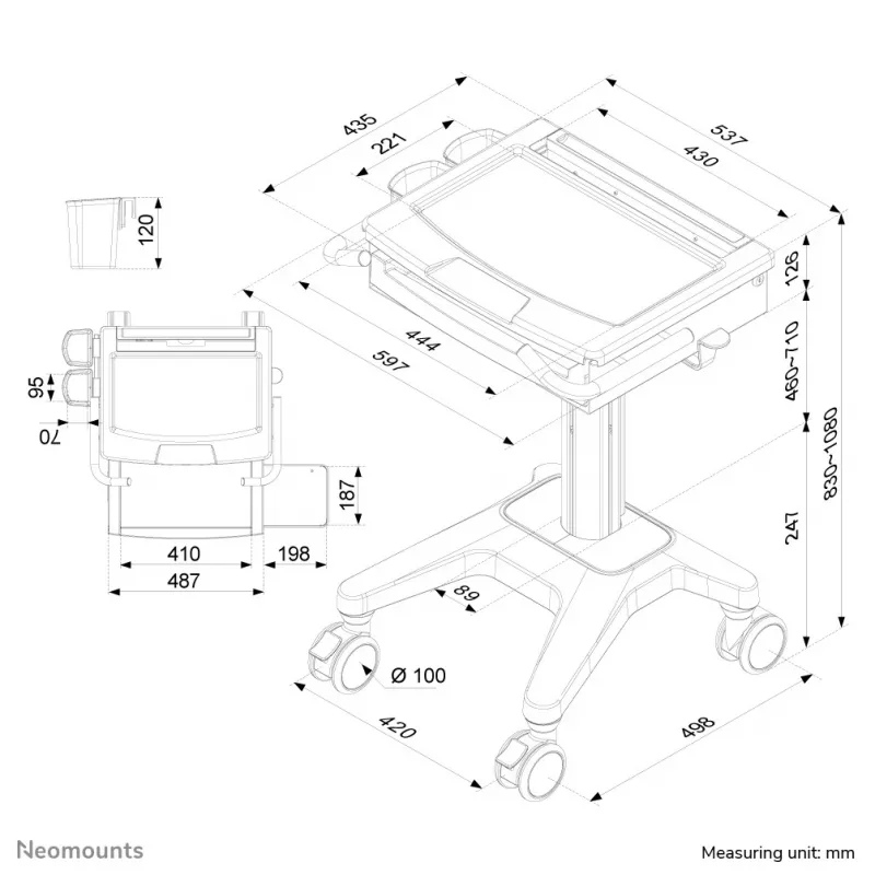 Neomounts MED-M200 mobilus multimedijos vežimėlis iš aliuminio, baltas, 1080 mm