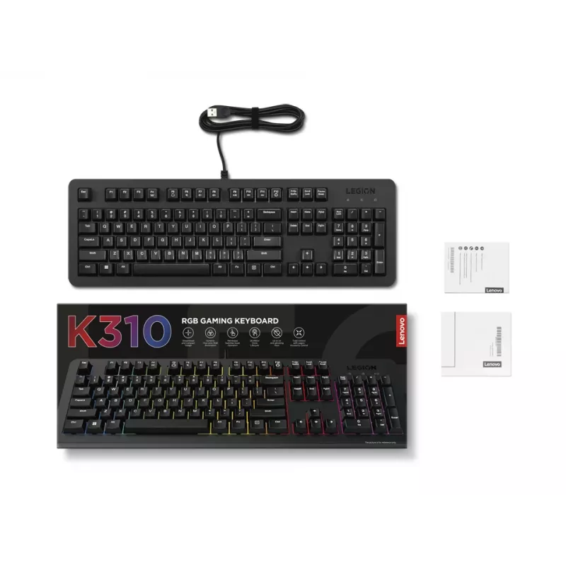 Laidinė žaidimų klaviatūra Lenovo K310 – pilno dydžio 100%, USB, US anglų, RGB apšvietimas, juoda, 1,8 m laidas