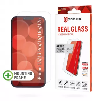 Displex ekrano apsauginis stiklas (10H), skirtas Apple iPhone 13/13 Pro/14/16e/17e, su Eco montavimo rėmeliu, atsparus įbrėžimams