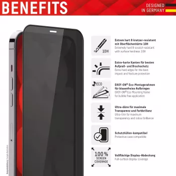 Displex privatumo apsauginis stiklas (10H), skirtas Apple iPhone 13/13 Pro/14/16e/17e, su Eco montavimo rėmeliu