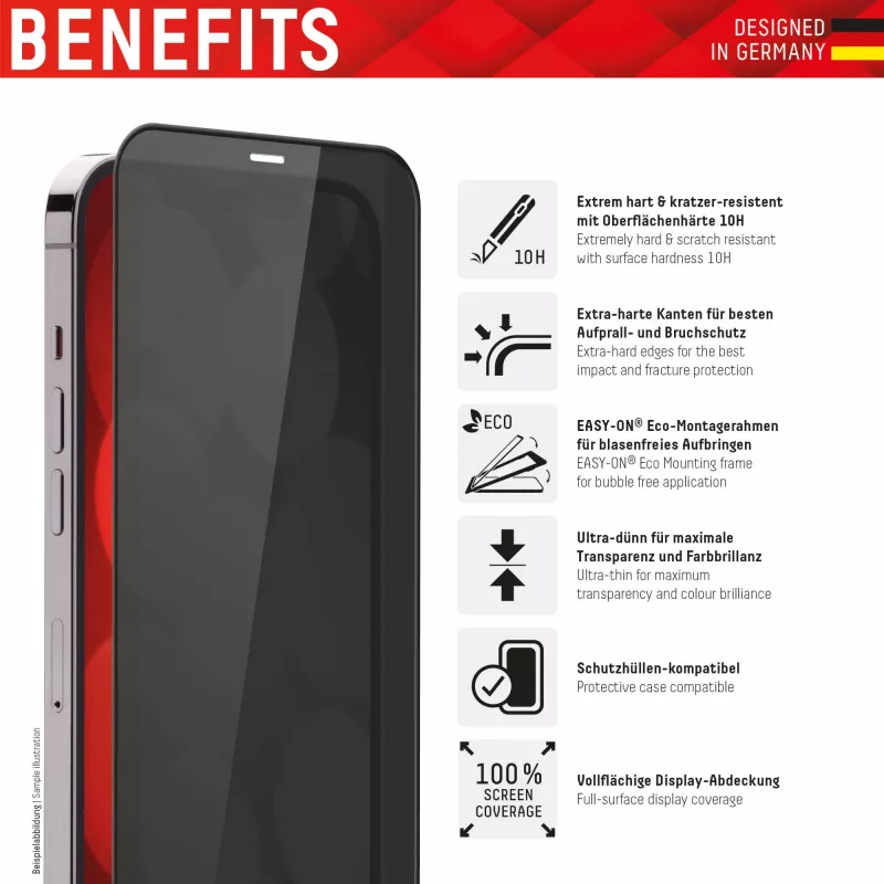 Displex privatumo apsauginis stiklas (10H), skirtas Apple iPhone 13/13 Pro/14/16e/17e, su Eco montavimo rėmeliu