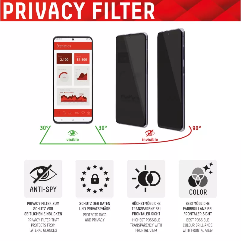 Displex privatumo apsauginis stiklas (10H), skirtas Apple iPhone 13/13 Pro/14/16e/17e, su Eco montavimo rėmeliu