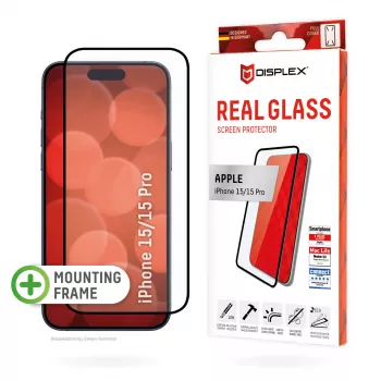 Displex Full Cover ekrano apsauginis stiklas (10H), Apple iPhone 15/15 Pro, Eco montavimo rėmelis, pilnas dengimas
