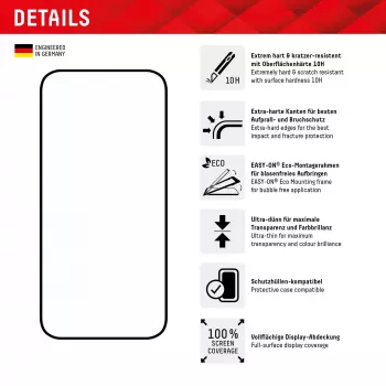 Displex Full Cover ekrano apsauginis stiklas (10H), Apple iPhone 15/15 Pro, Eco montavimo rėmelis, pilnas dengimas