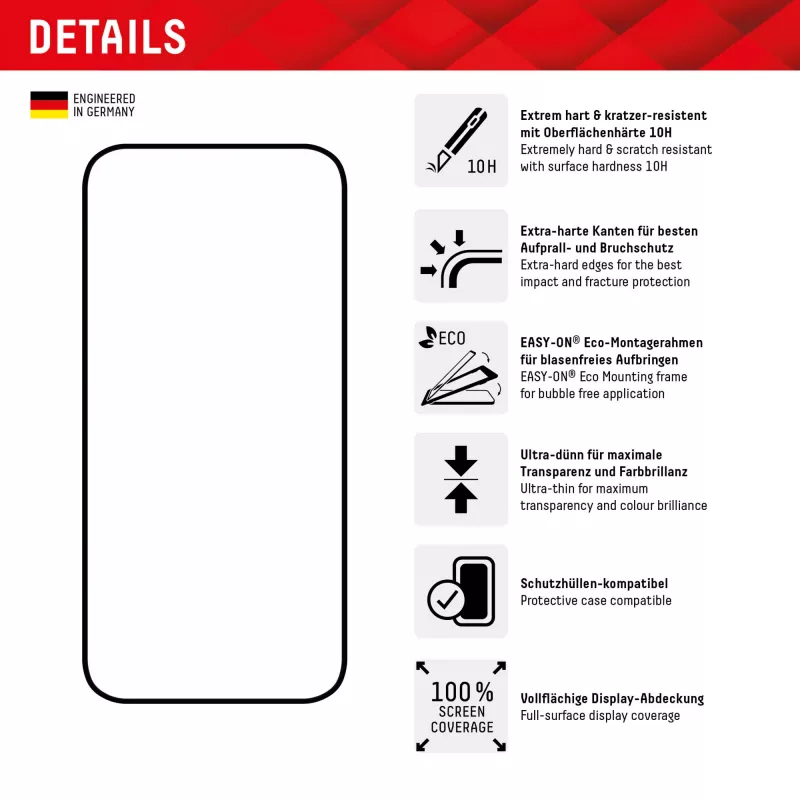Displex Full Cover ekrano apsauginis stiklas (10H), Apple iPhone 15/15 Pro, Eco montavimo rėmelis, pilnas dengimas