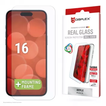 Apsauginis stiklas Displex + dėklas Apple iPhone 16, Eco montavimo rėmelis, atsparus įbrėžimams