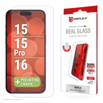 Displex Screen Protector (10H) Apple iPhone 15/15 Pro/16, Eco Montavimo Rėmelis, atsparus įbrėžimams