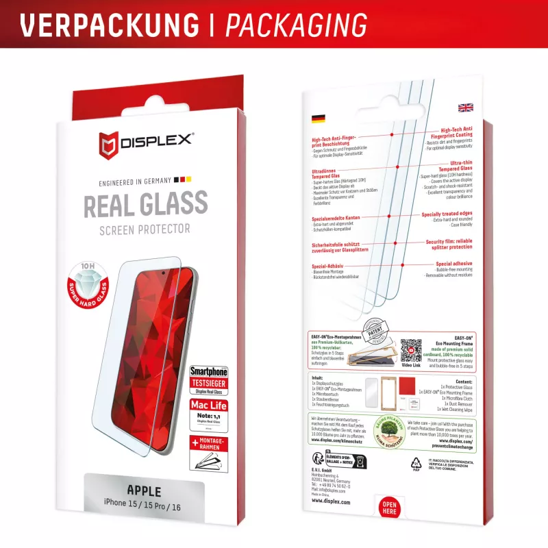 Displex Screen Protector (10H) Apple iPhone 15/15 Pro/16, Eco Montavimo Rėmelis, atsparus įbrėžimams