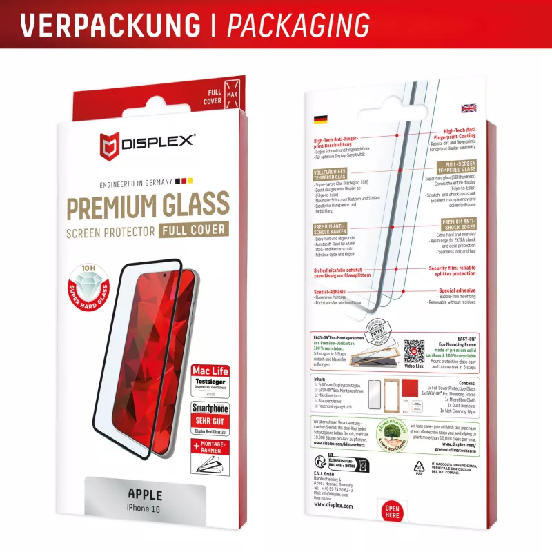 Displex Premium Screen Protector (Full Cover, 10H), skirta Apple iPhone 16, su Eco montavimo rėmeliu, pilnas dangtelis