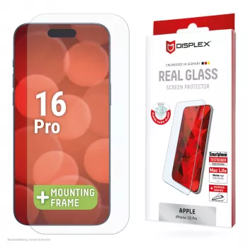 Displex Screen Protector (10H) – grūdintas stiklas Apple iPhone 16 Pro, su EASY-ON® Eco montavimo rėmeliu, atsparus įbrėžimams