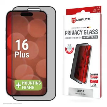 Displex privatumo ekrano apsauginis stiklas (10H) Apple iPhone 16 Plus, su Eco tvirtinimo rėmeliu